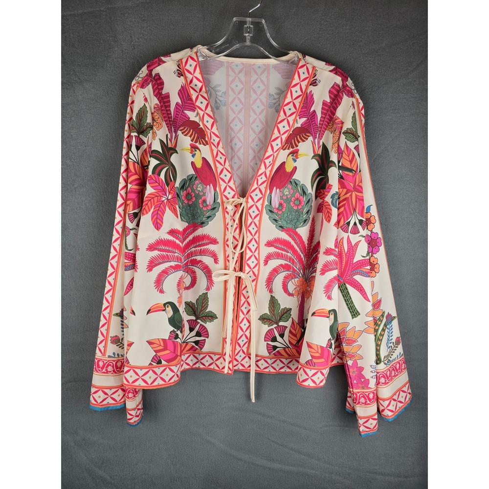 Women's Cardigan Blouse 2XL Cream Tropical Toucan Tie Front Boho Relaxed Fit